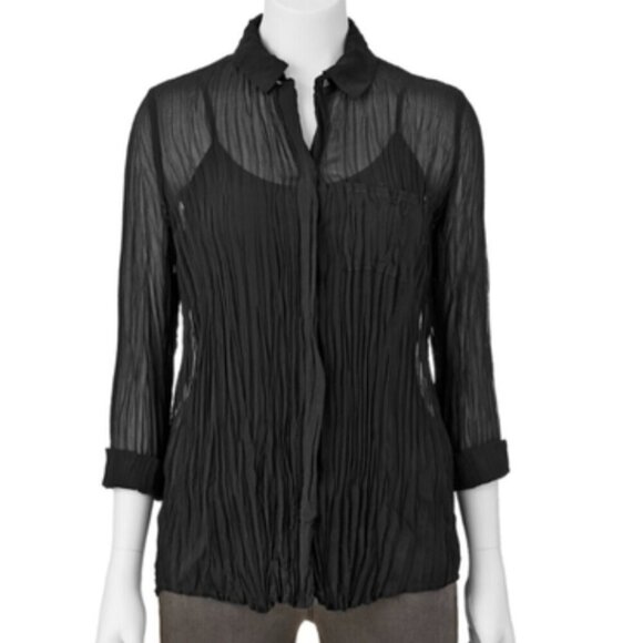ROCK & REPUBLIC Chiffon Crinkle Top Black Pleated Studs Long Sleeve Button Down - Picture 1 of 15